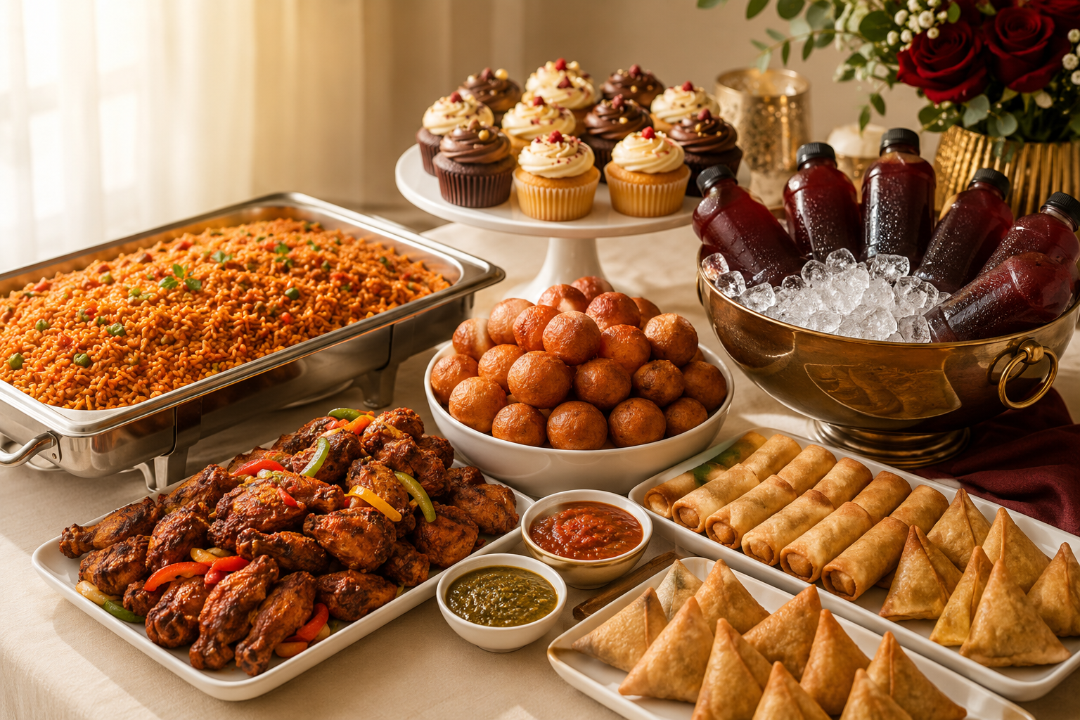 Event catering with jollof, small chops, drinks, cupcakes, and party food